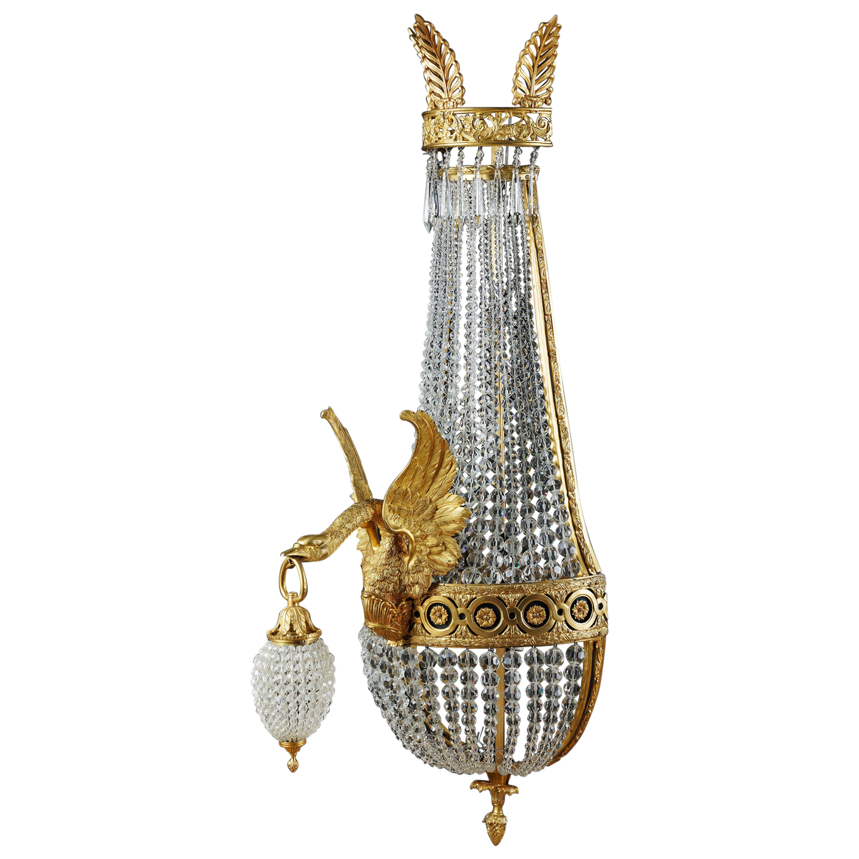 Majestic Swan Basket Wall Light in Empire Style, Bronze Gilt For Sale