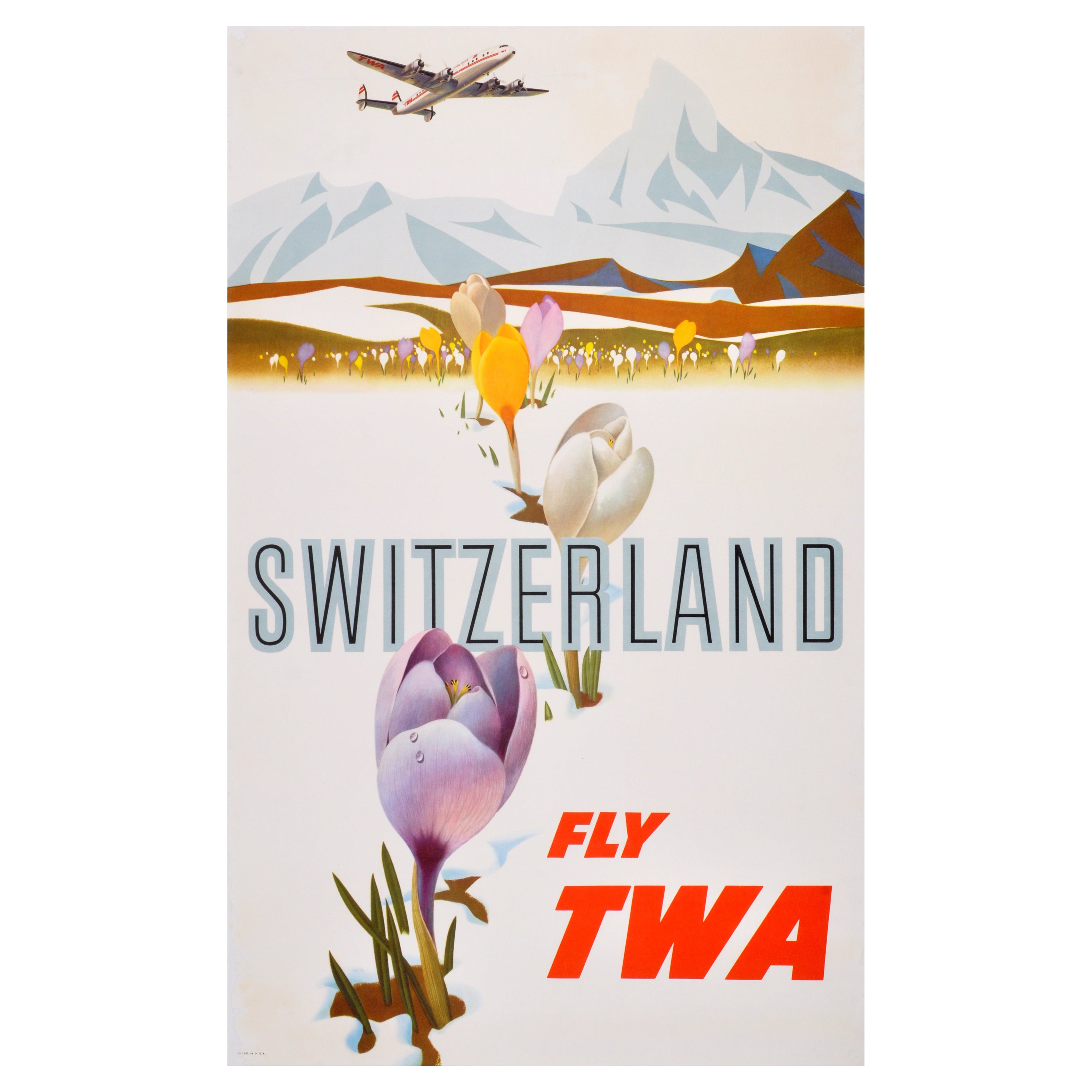 Original Vintage Poster Switzerland Fly TWA Spring Travel Lockheed Constellation