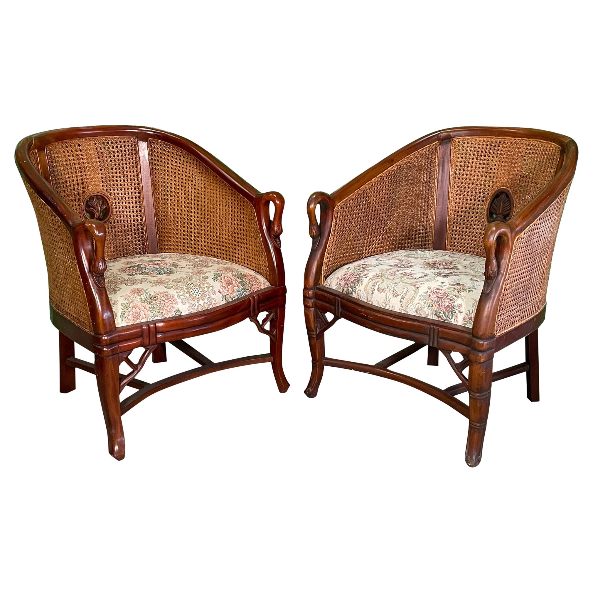 Cane Back Carved Wood Swan Club Chairs