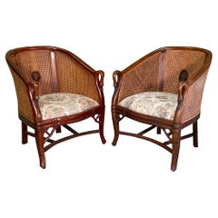 Cane Back Carved Wood Swan Club Chairs