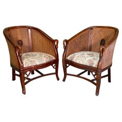 Retro Cane Back Carved Wood Swan Club Chairs