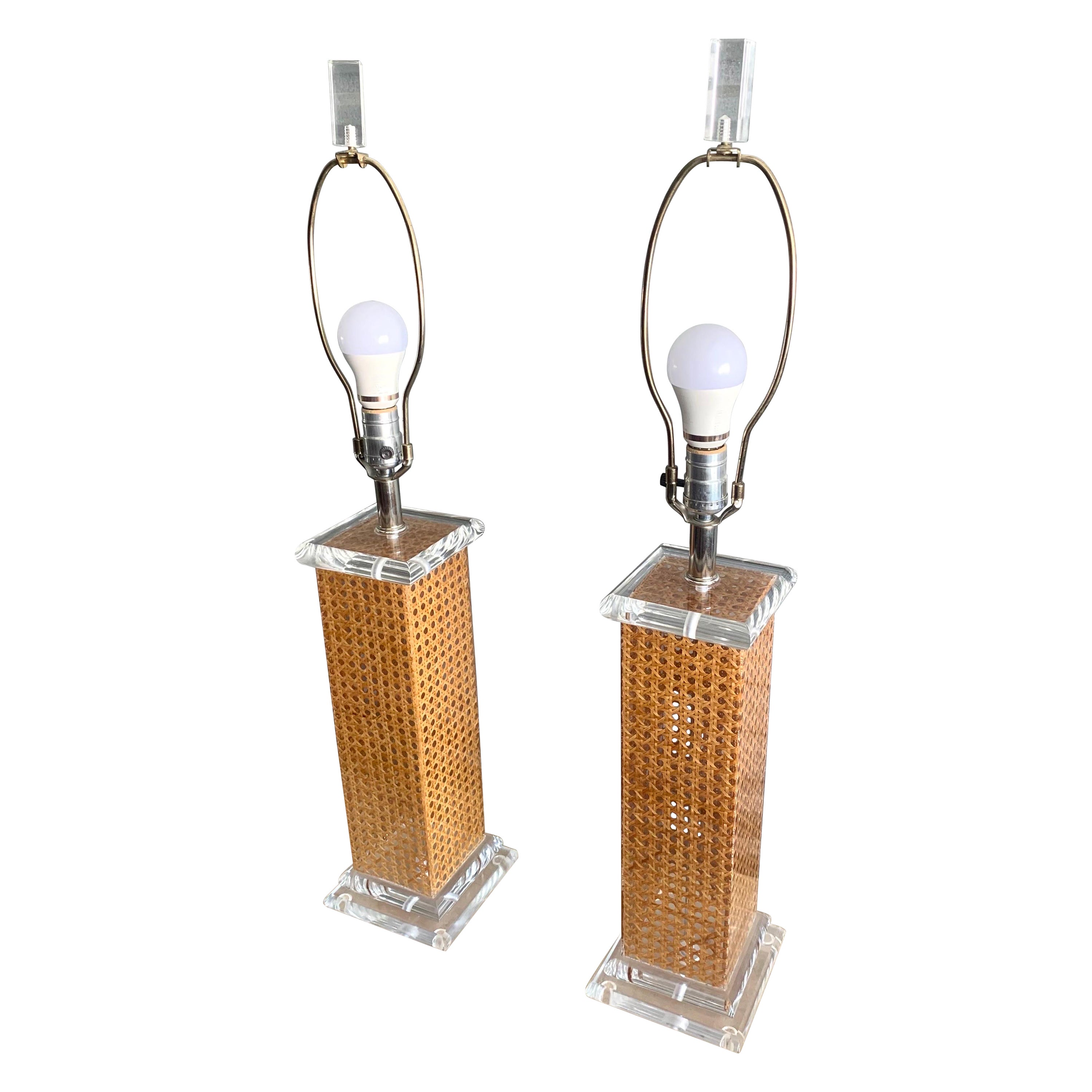 Hollywood Regency Lucite and Cane Table Lamps, Circa 1970s For Sale