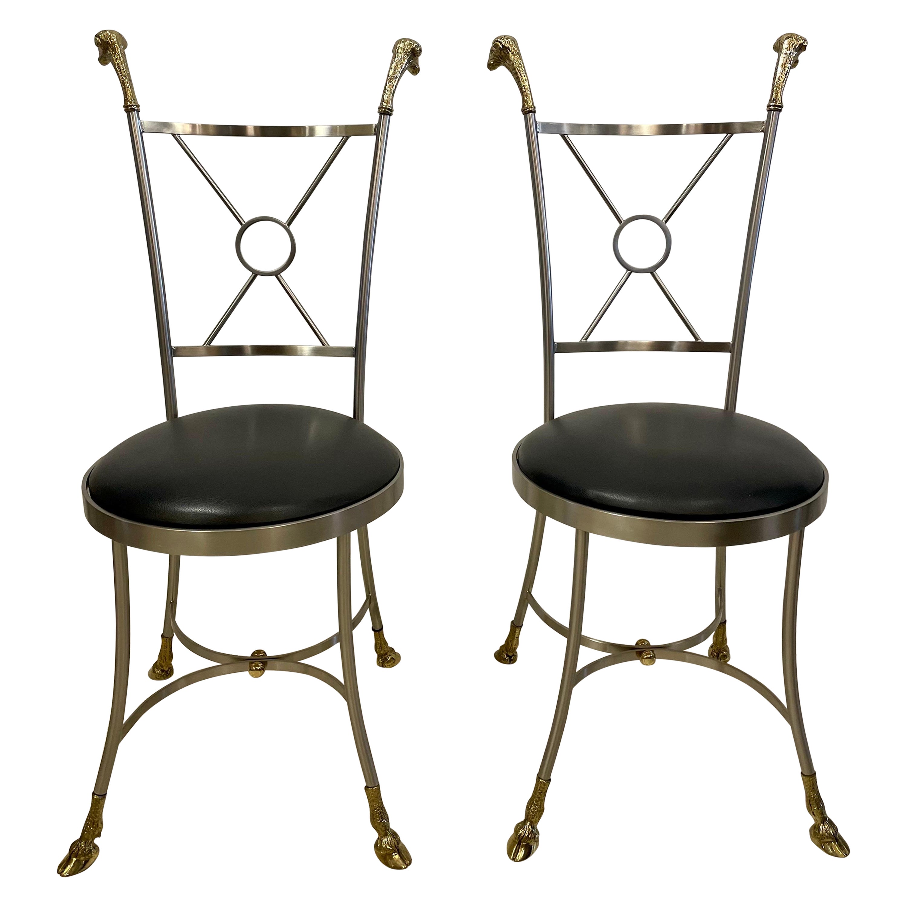 Pair of Italian Regency Mixed-Metal Rams Head Side Chairs