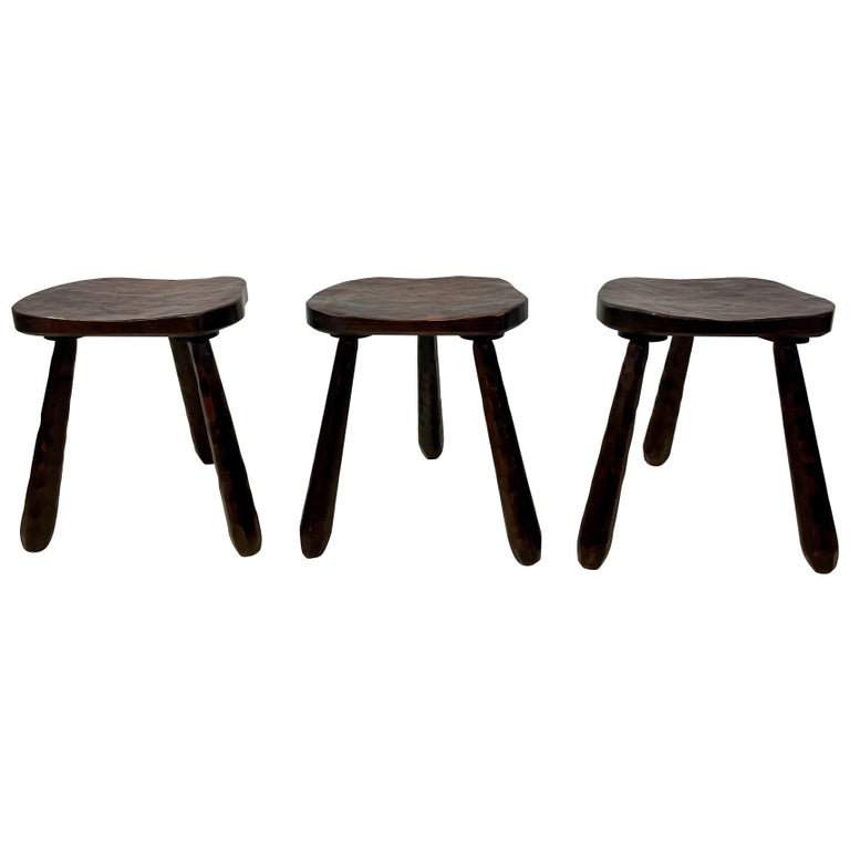 Set of Three '3' Hand Carved Wood Primitive Stools For Sale