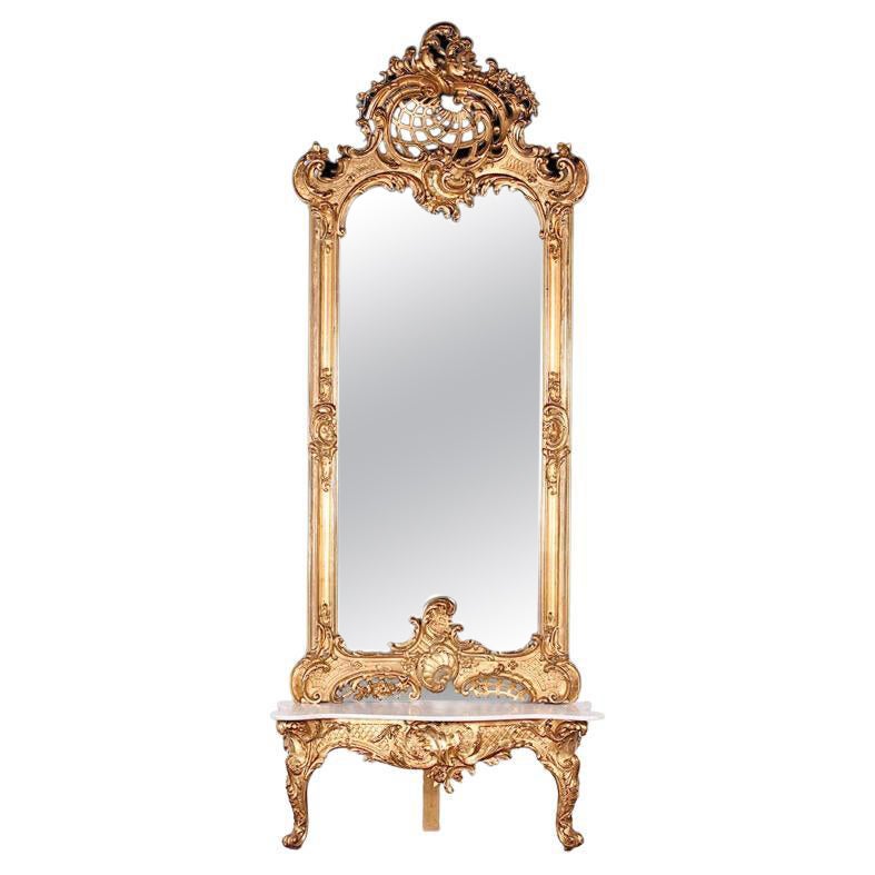19th Century Rococo Carved Gilt Pier Mirror and Console