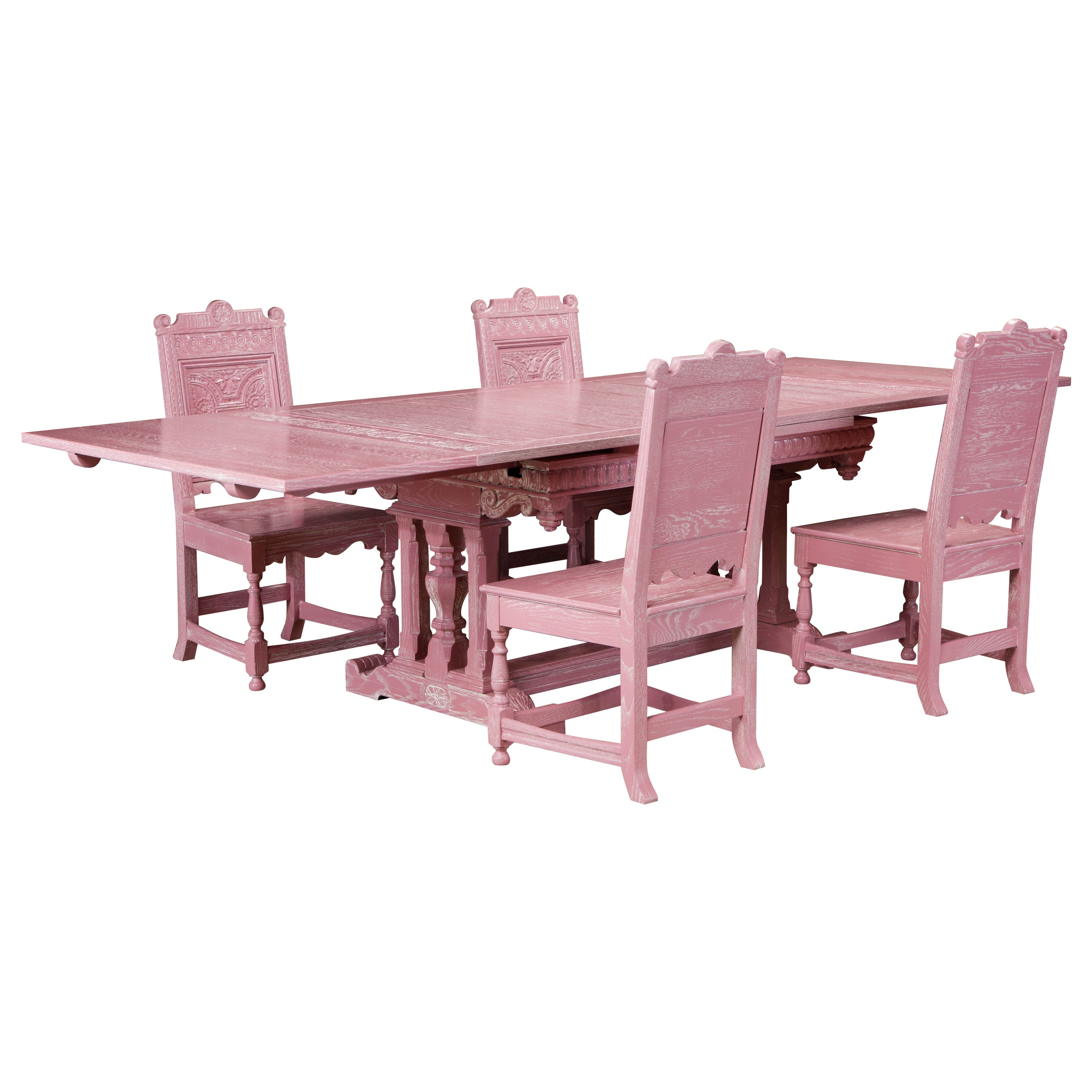 Jacobean Revival Carved Oak Dining Set Restored in Cerused Pink, circa 1930s