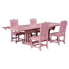 Jacobean Revival Carved Oak Dining Set Restored in Cerused Pink, circa 1930s