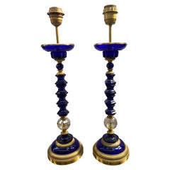 Pair of Sapphire Blue Crystal Lamp Base Gilded Bronze