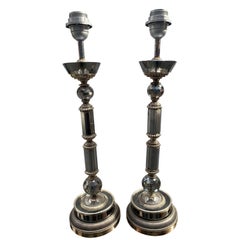 Pair of White Crystal Lamp Bases with Silver Bronze