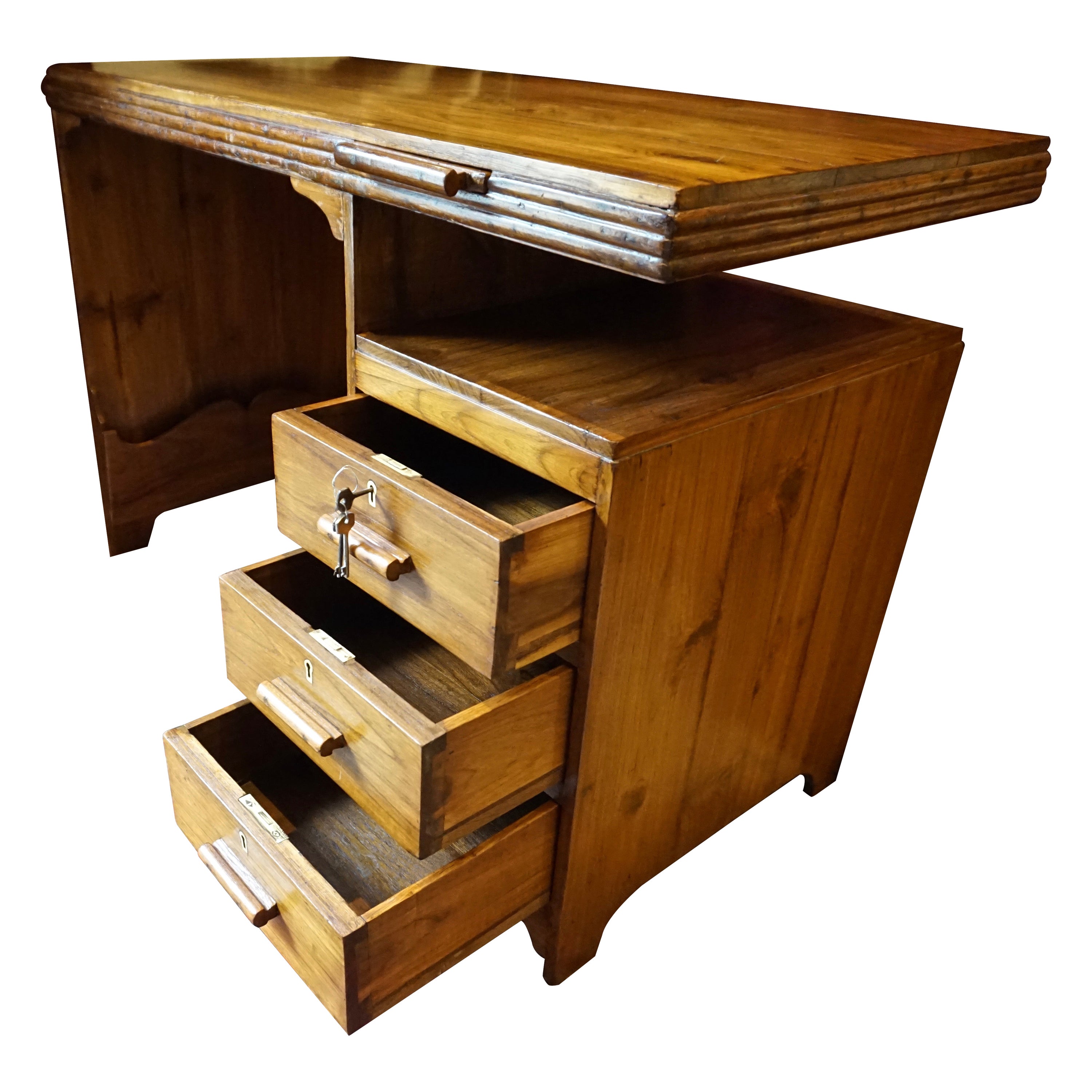 Art Deco Solid Teak Writing Table With Floating Shelf, Jotter & Side Storage For Sale
