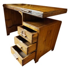 Art Deco Solid Teak Writing Table With Floating Shelf, Jotter & Side Storage