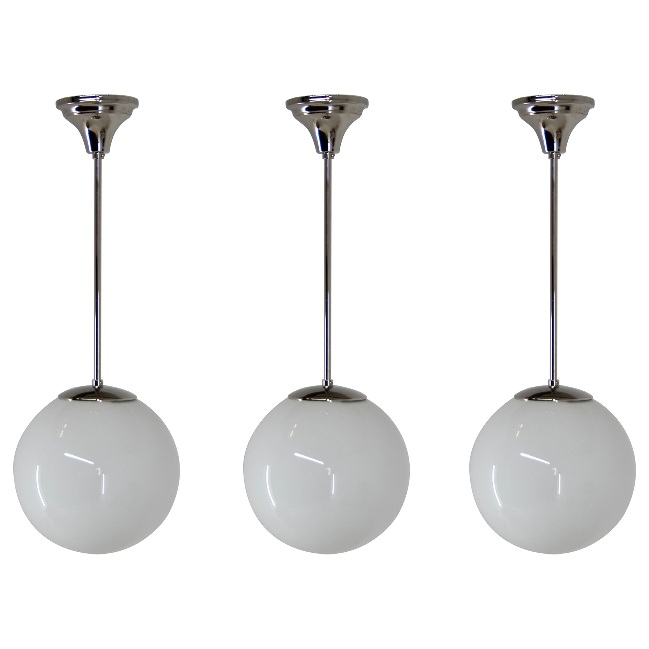 Set of Three Art Deco Pendants with Big Opaline Glass Shades For Sale