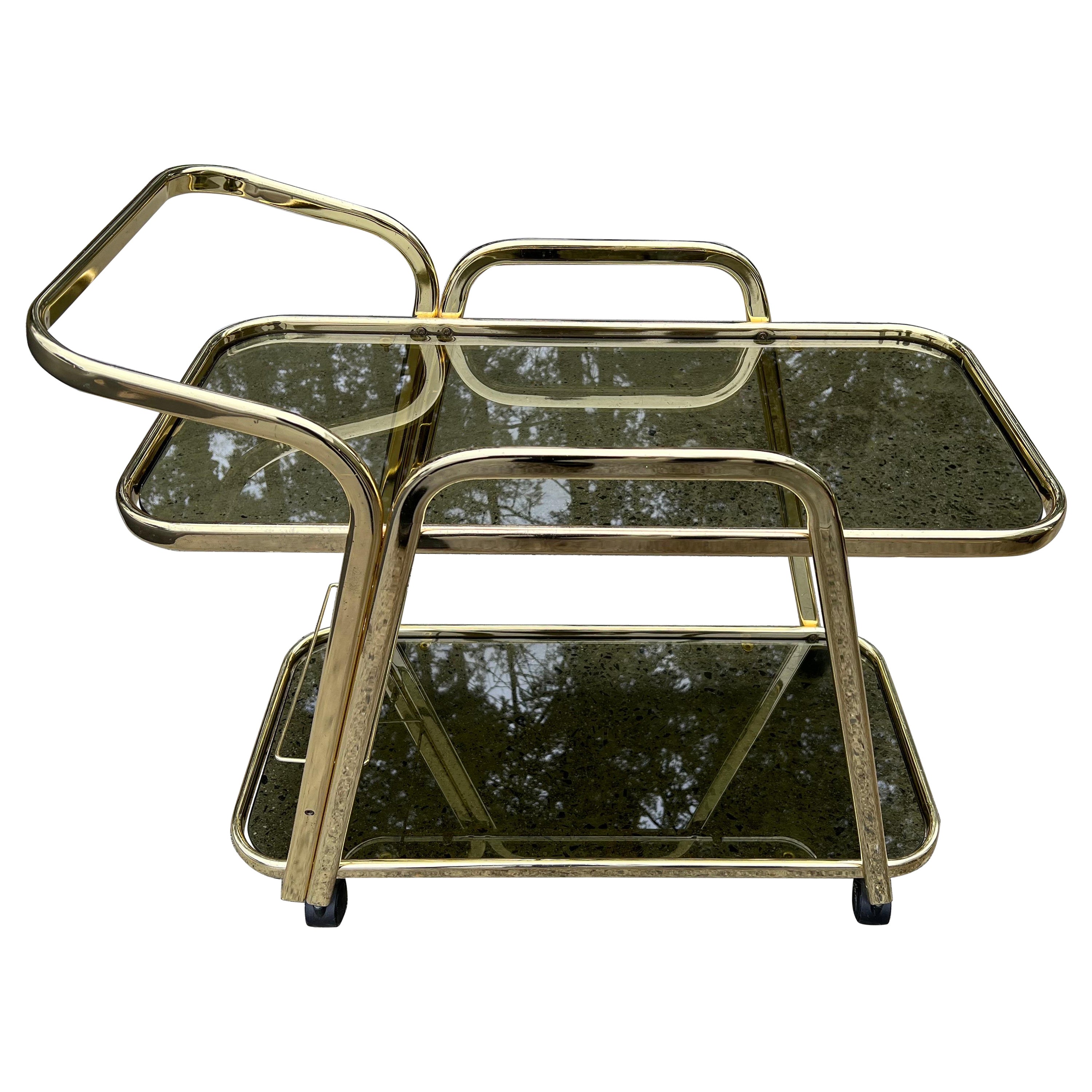Mid-Century Brass and Smoked Glass Bar Cart