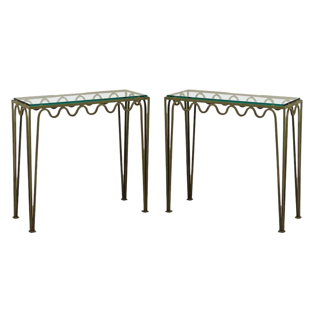 Pair of Chic Verdigris 'Meandre' and Glass Consoles by Design Frères For Sale
