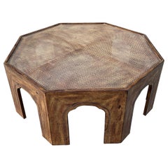 Octagonal Wood Cane and Glass Coffee Table 