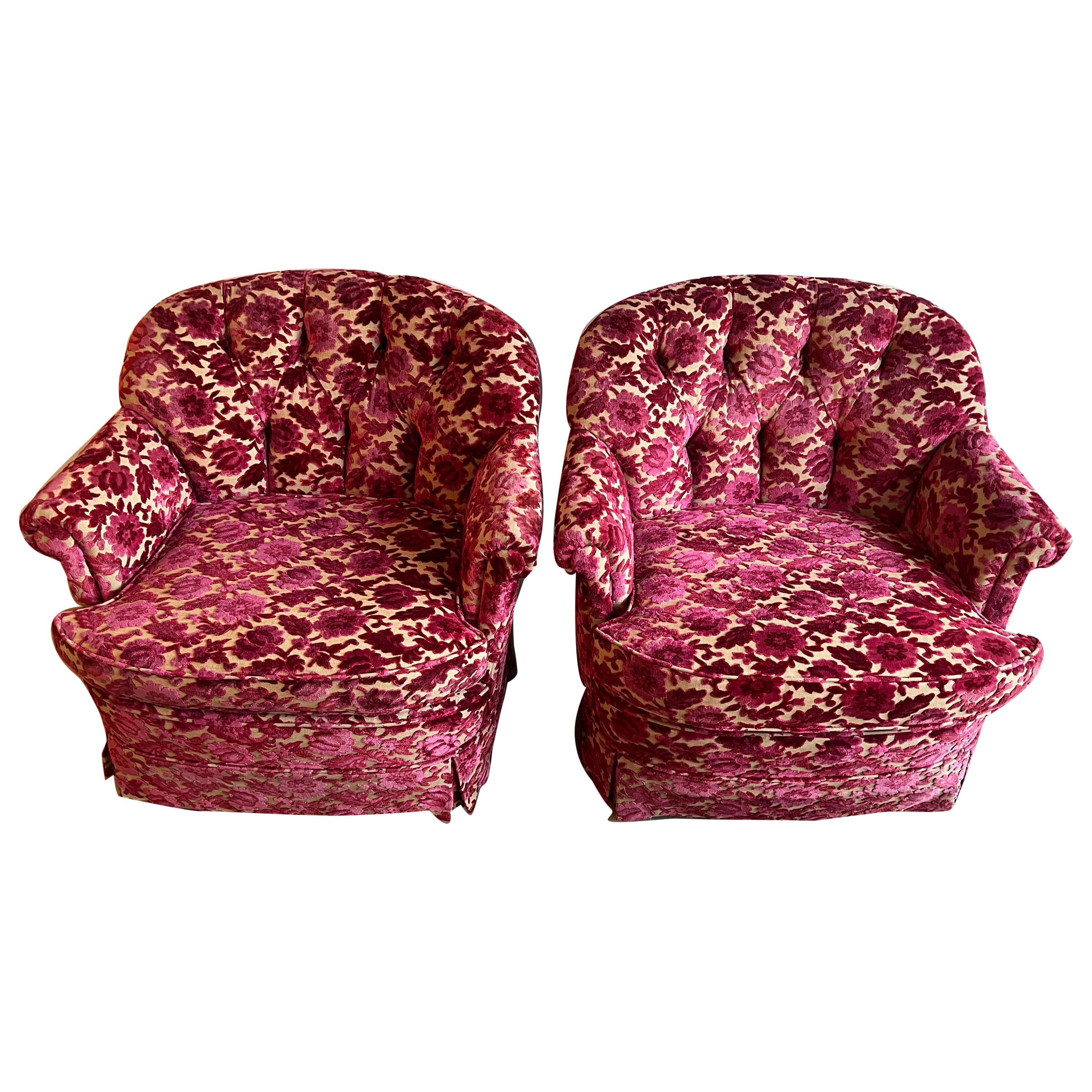 Pair of Pink Velvet Brocade Club Chairs