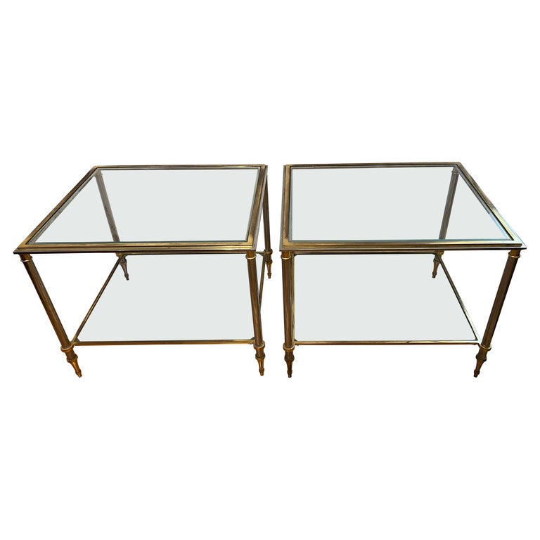Pair of Maison Jansen Chrome, Brass and Glass End Tables
