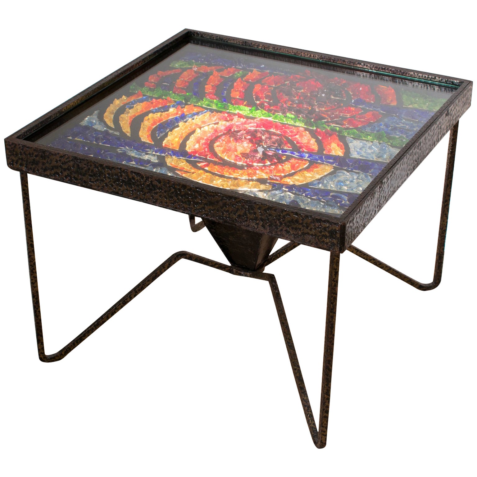 1960s French Wrought Iron Side Coffee Table with Glass Mosaic