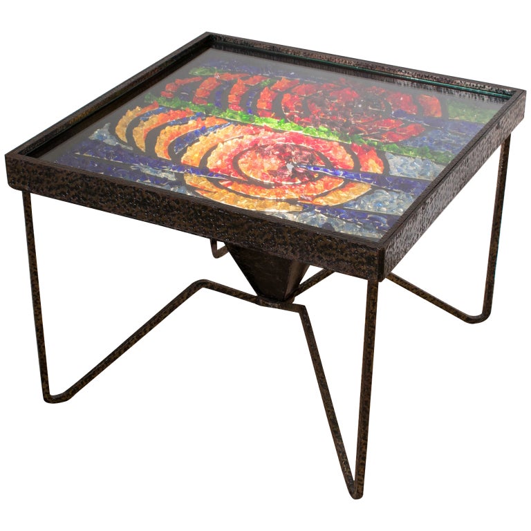 French Wrought Iron Side Coffee Table with Glass Mosaic, 1960s For Sale