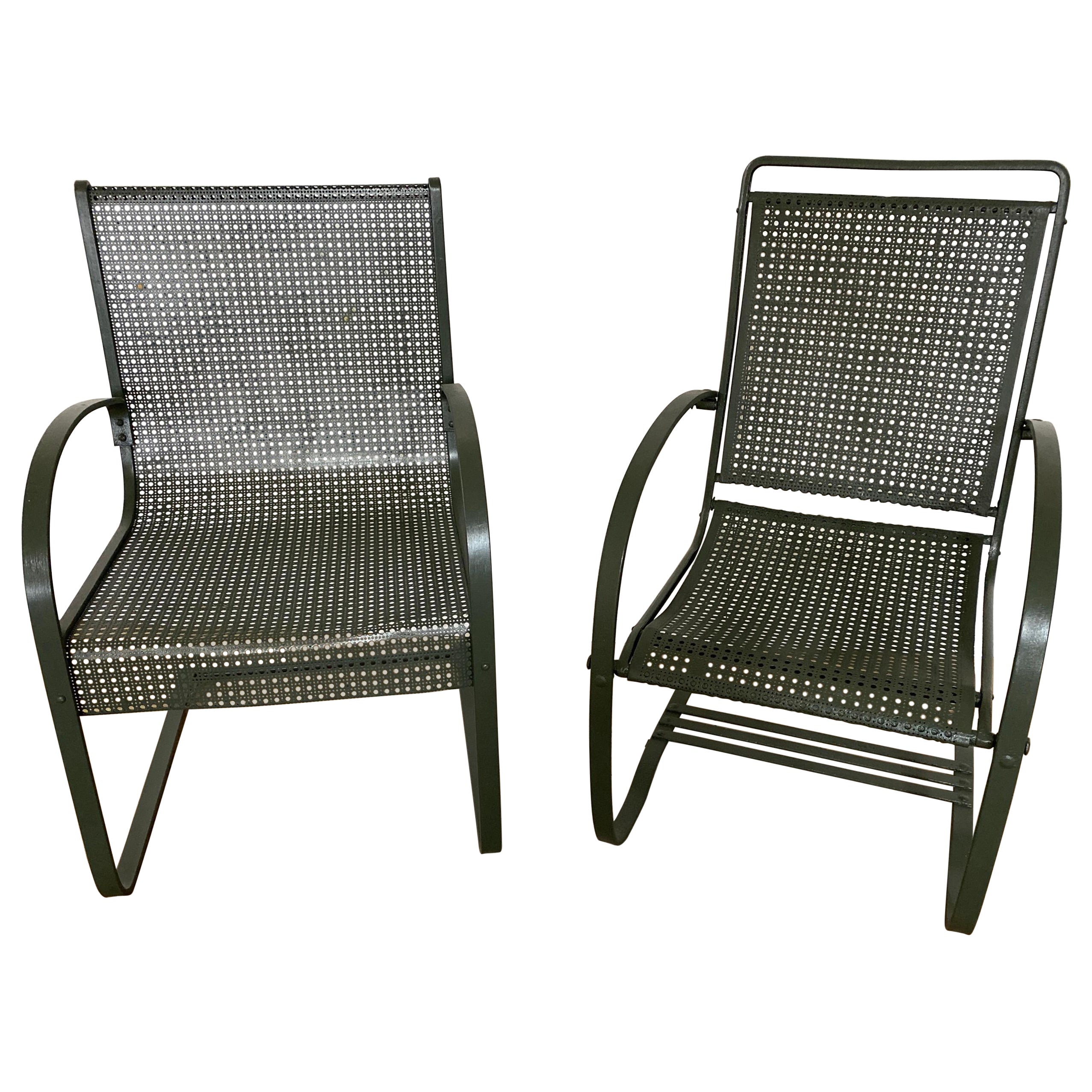 Two Antique Spring Steel Garden Arm Chairs For Sale