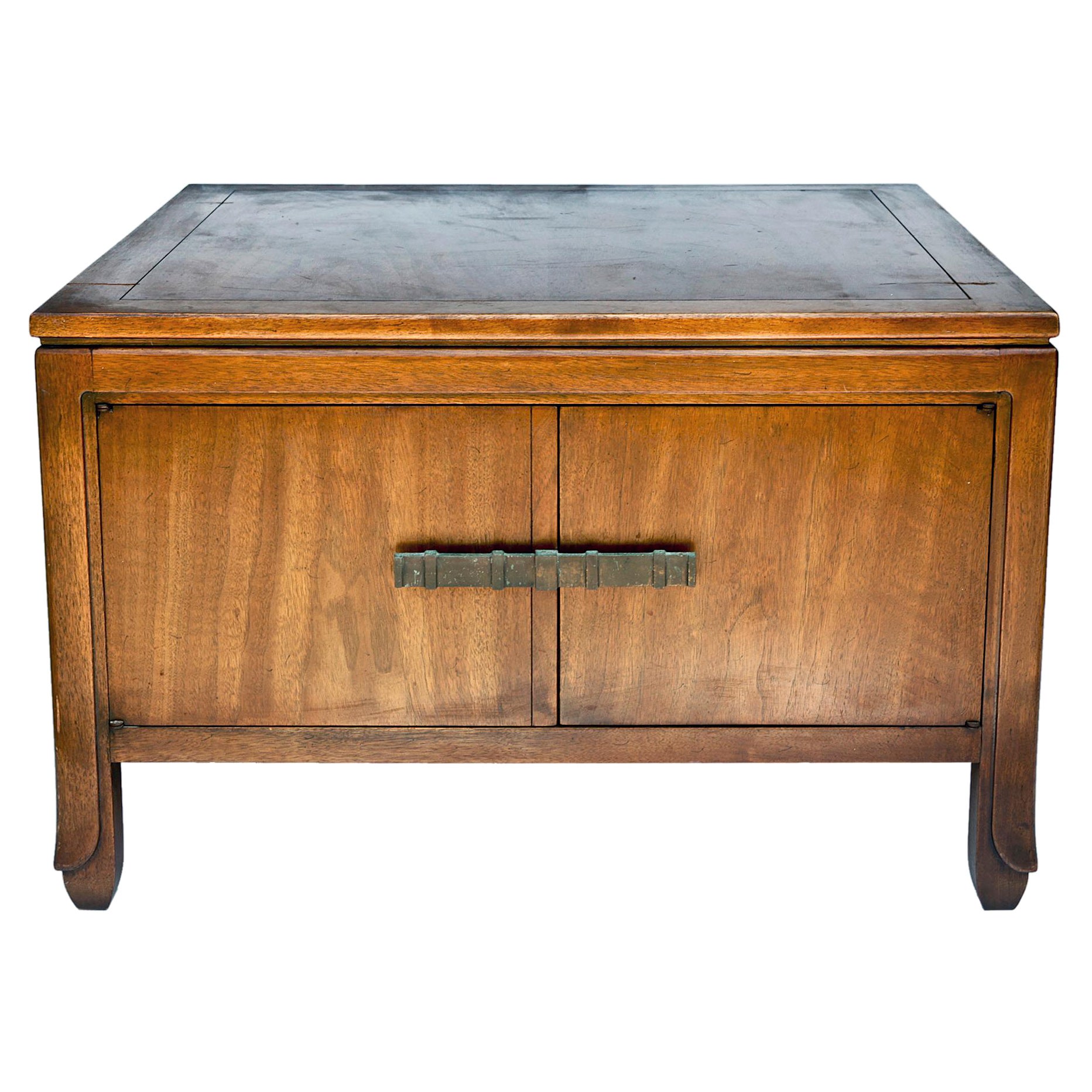 Oversized square midcentury side, end or coffee table with tons of storage. 
Quality piece has two front doors with stylish hardware. 
Nice solid wood nice Mid-Century Modern look. 
The perfect Size for next to a sofa with a low arm.