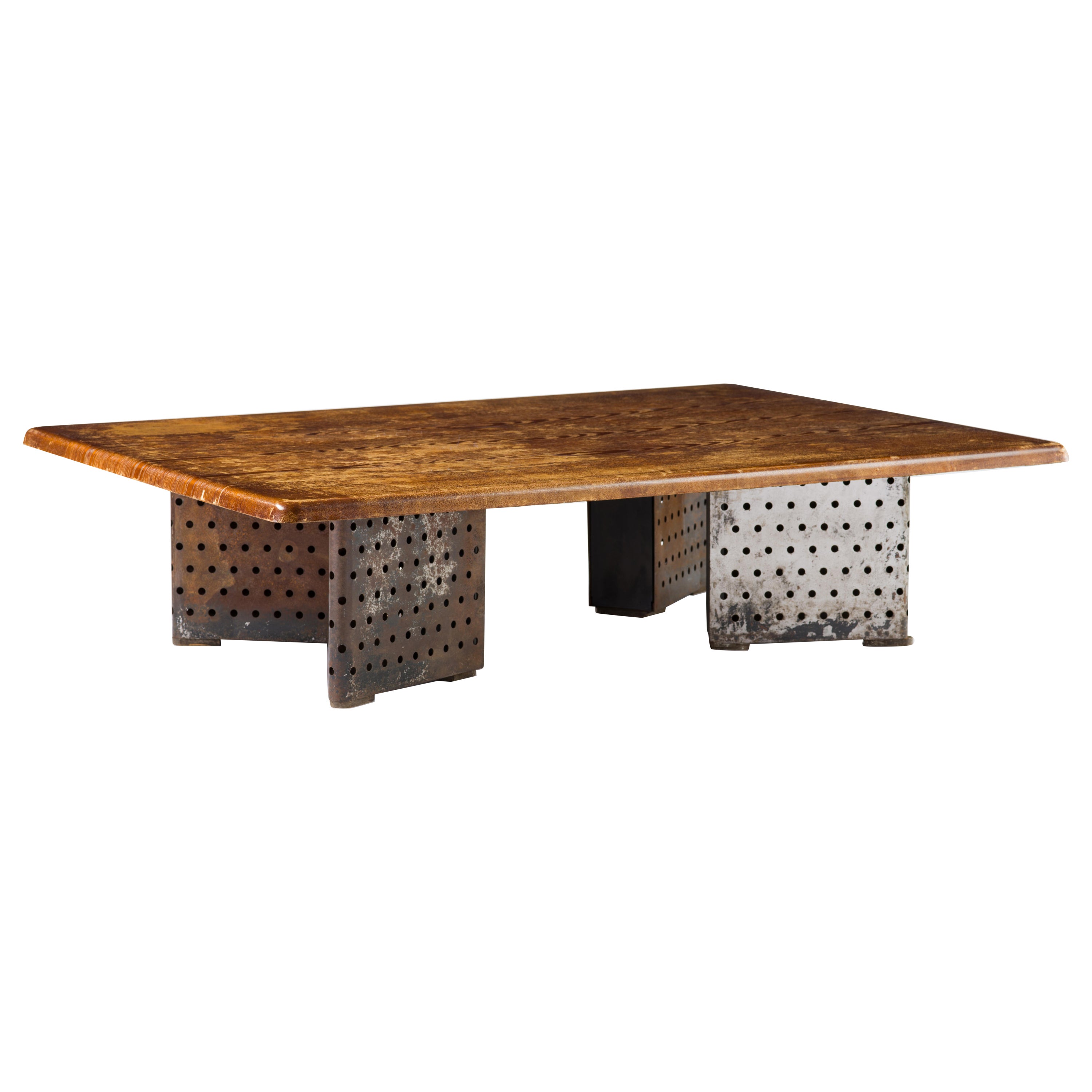 Low French Modernist Table in Oak and Perforated Steel, circa 1955 For Sale
