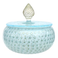 Vintage Murano Light Blue White Bubbles Gold Flecks Italian Art Glass Vanity Powder Box