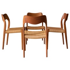 Vintage Set of Four Teak and Paper Cord Niels Otto Møller Dining Chairs No. 71