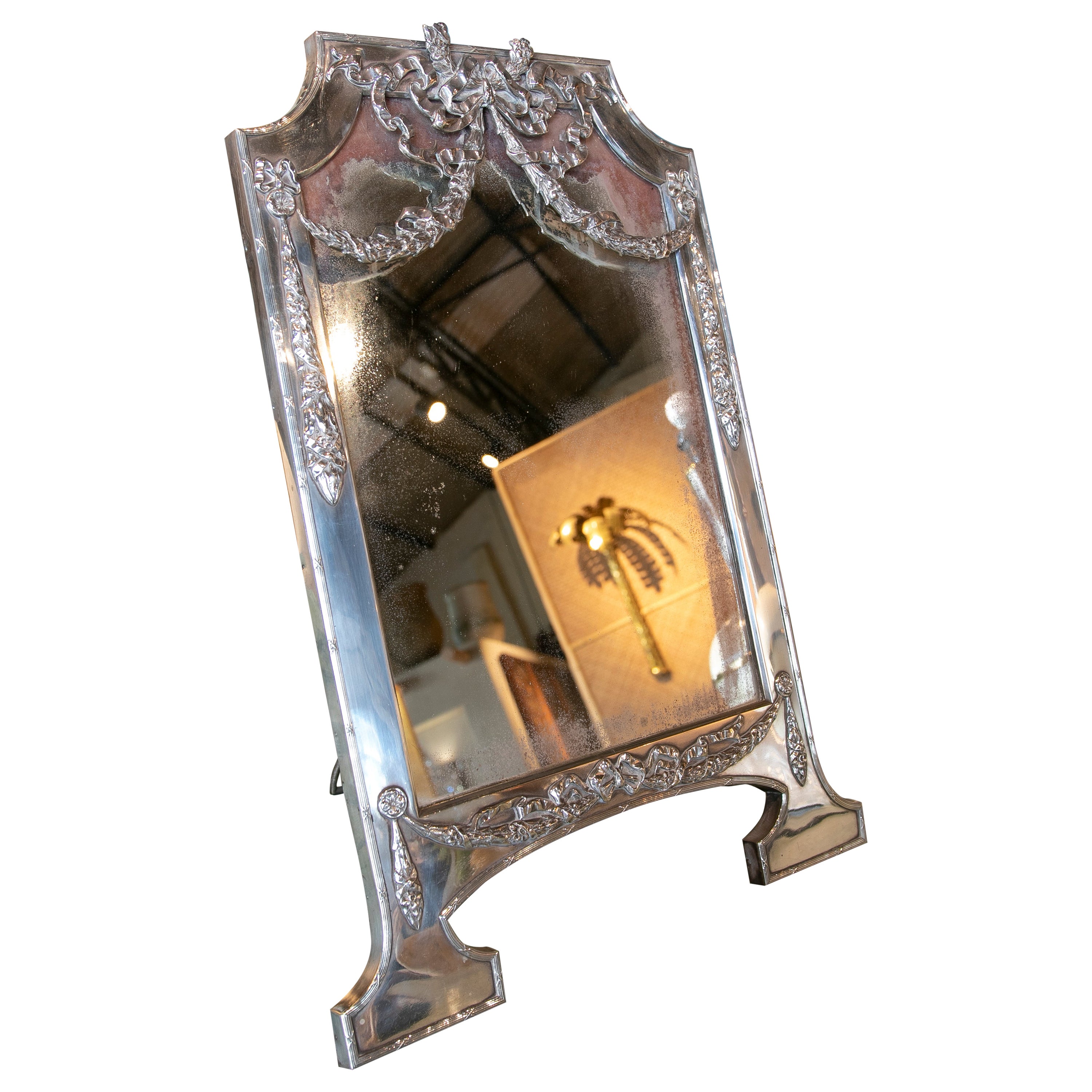 1930s French Table Mirror in Silver Plated Metal with Wooden Back