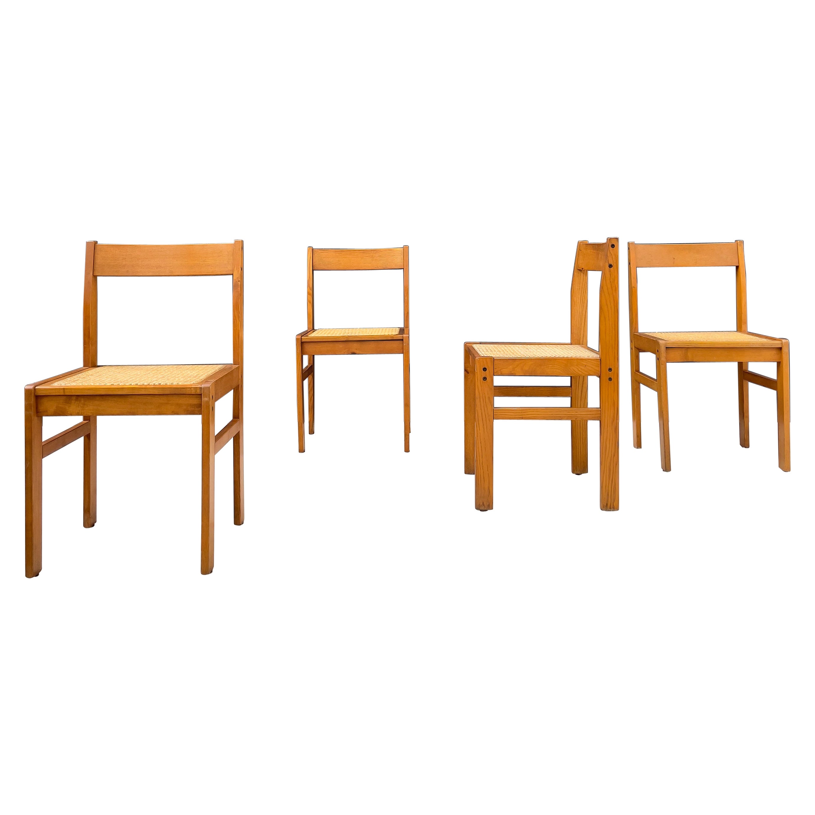 Set of 4 Vintage Chairs in Ash and Caning 1950 For Sale