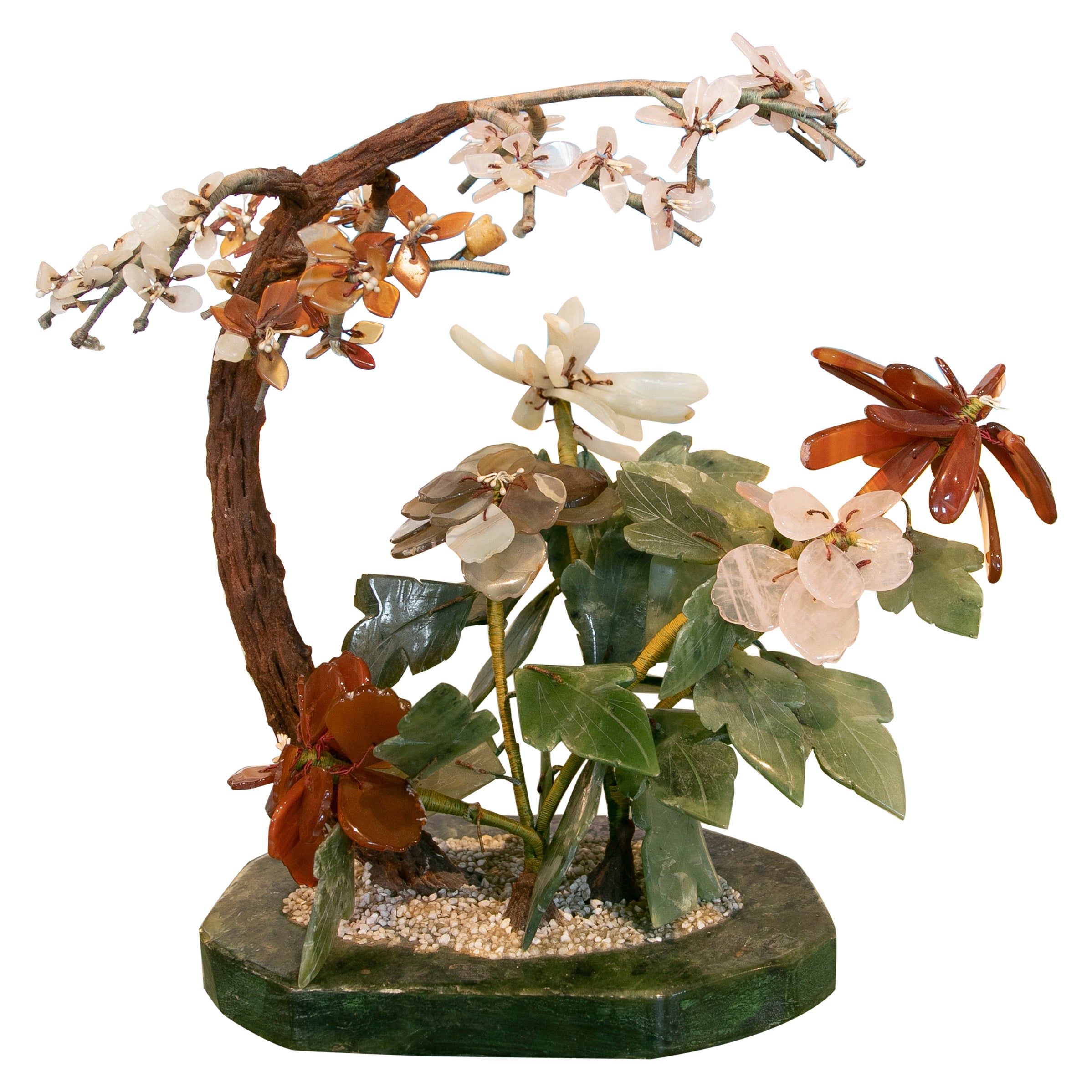 Bonsai Sculpture Made of Hand Carved Hard Stones and Wooden Base For Sale