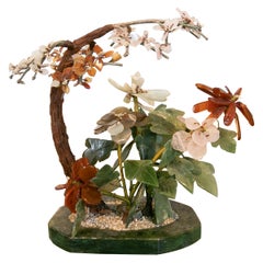 Bonsai Sculpture Made of Hand Carved Hard Stones and Wooden Base