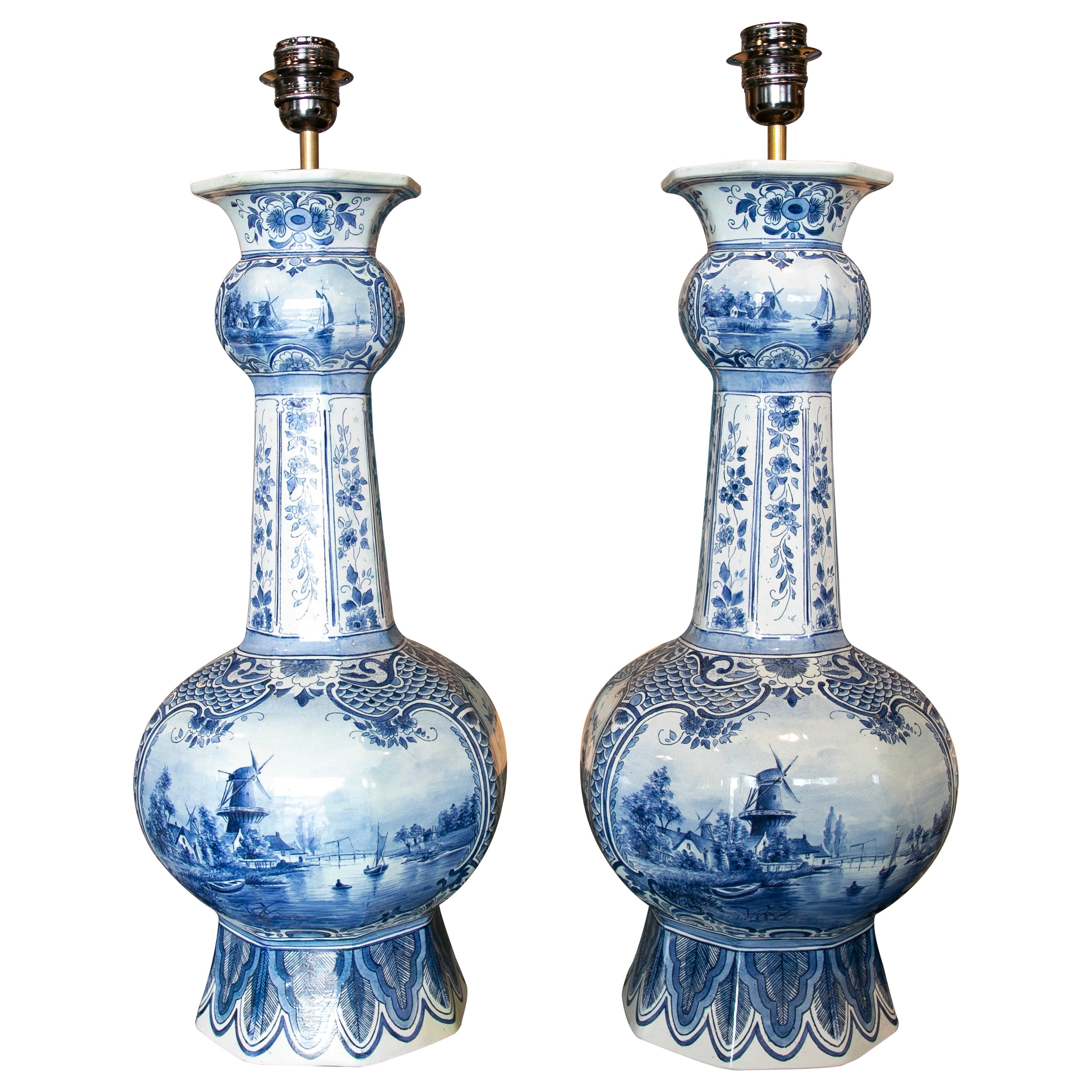 Pair of Lamps in Blue and White Glazed Ceramic Delf, Numbered and Signed