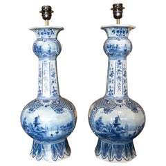 Pair of Lamps in Blue and White Glazed Ceramic Delf, Numbered and Signed
