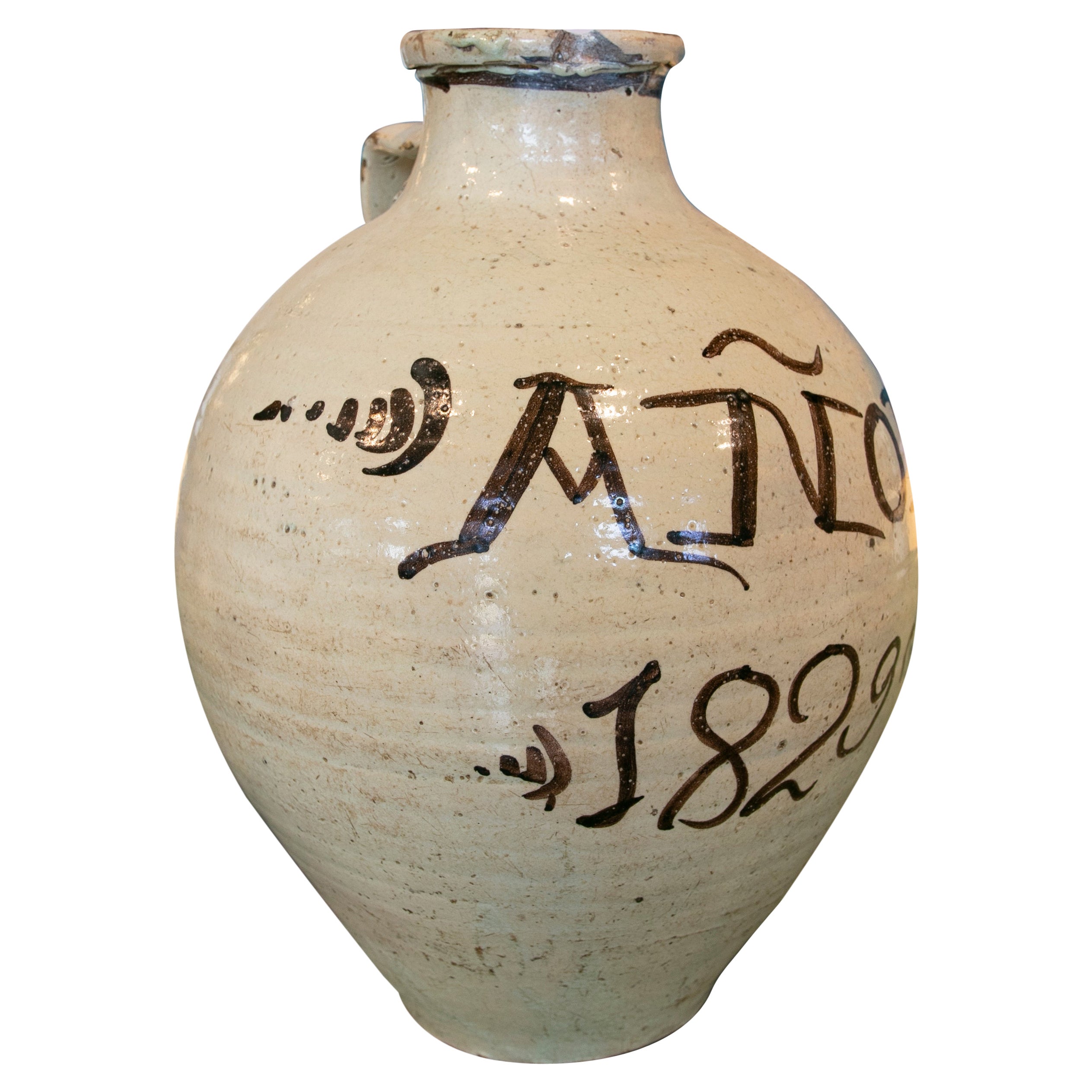 Spanish White Glazed Pottery Dated 1829 For Sale