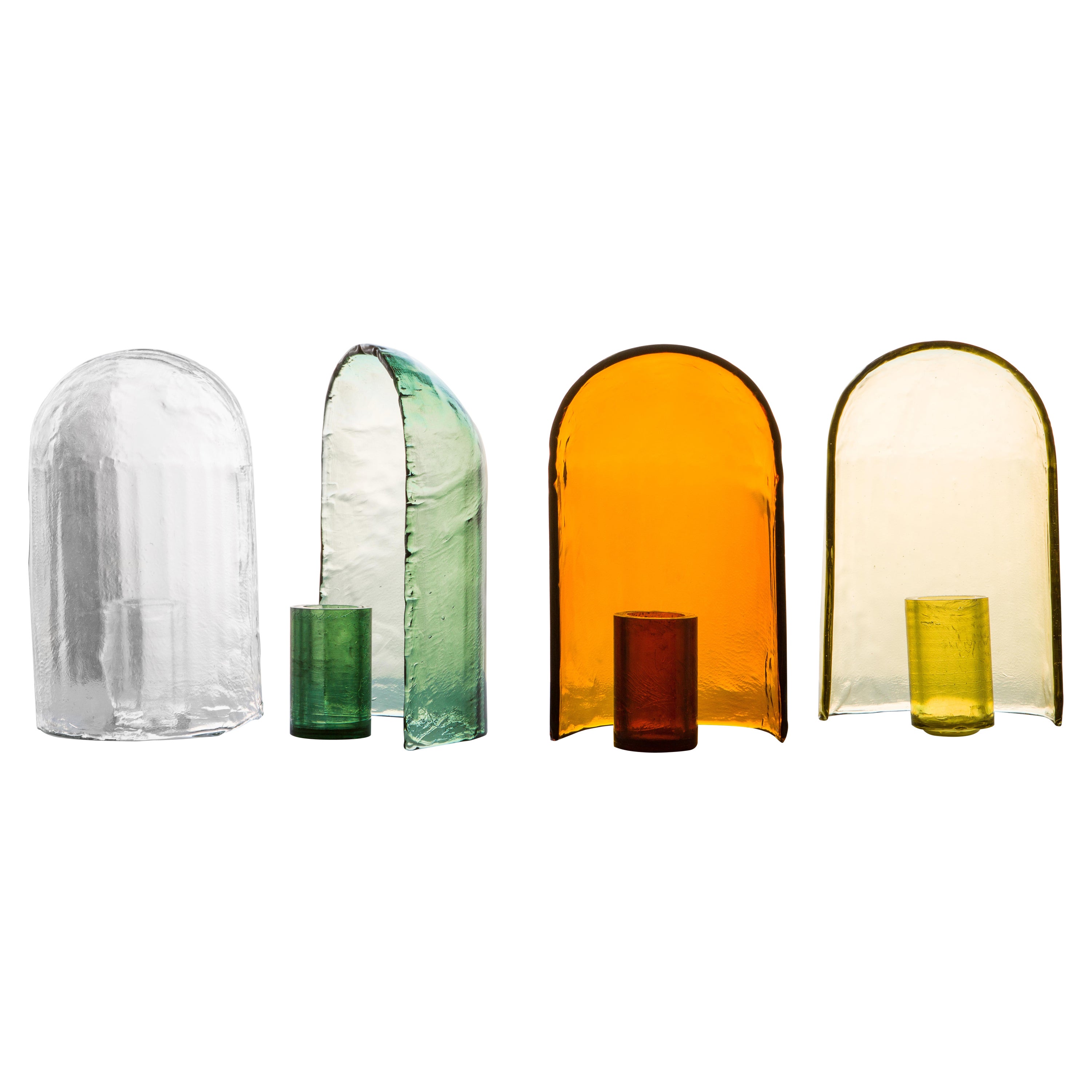 Alcova SET 04
1 x Alcova Amber
1 x Dritto Tall Crystal
1 x Vaso L Crystal
2 x Cilindro L Green

Alcova is a collection of handcrafted, geometric objects that when grouped create intimate landscapes. Ronan and Erwan Bouroullec describe the