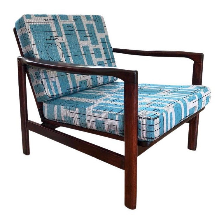 Mid-Century Blue Jacquard Armchair, Europe, 1960s For Sale