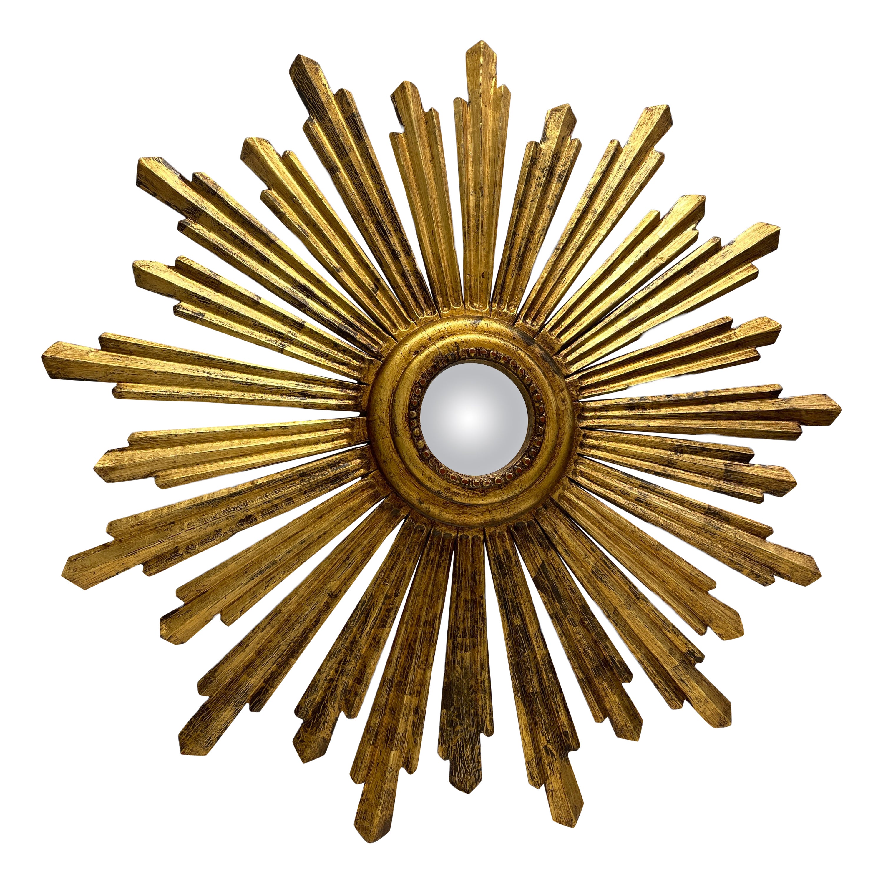 Beautiful Large Starburst Sunburst Gilded Convex Wood Mirror, Italy, circa 1960s