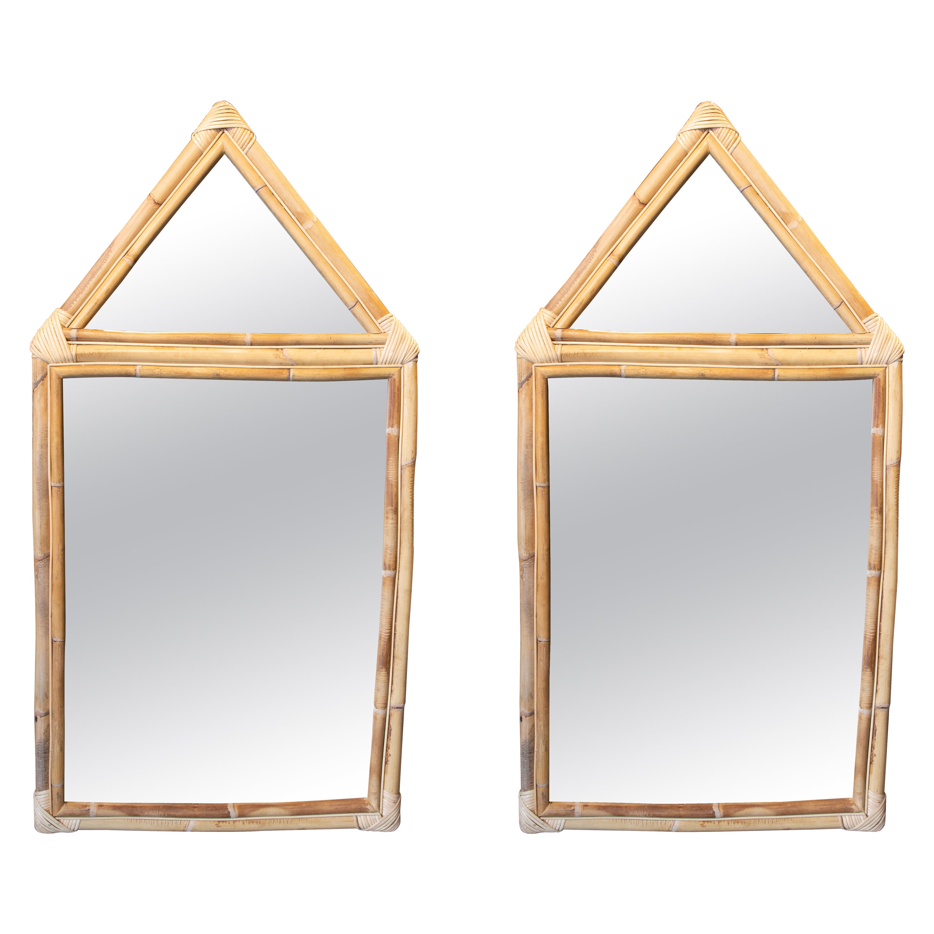 Pair of Modern Wood Bamboo and Wicker Octagonal Mirrors For Sale at 1stDibs
