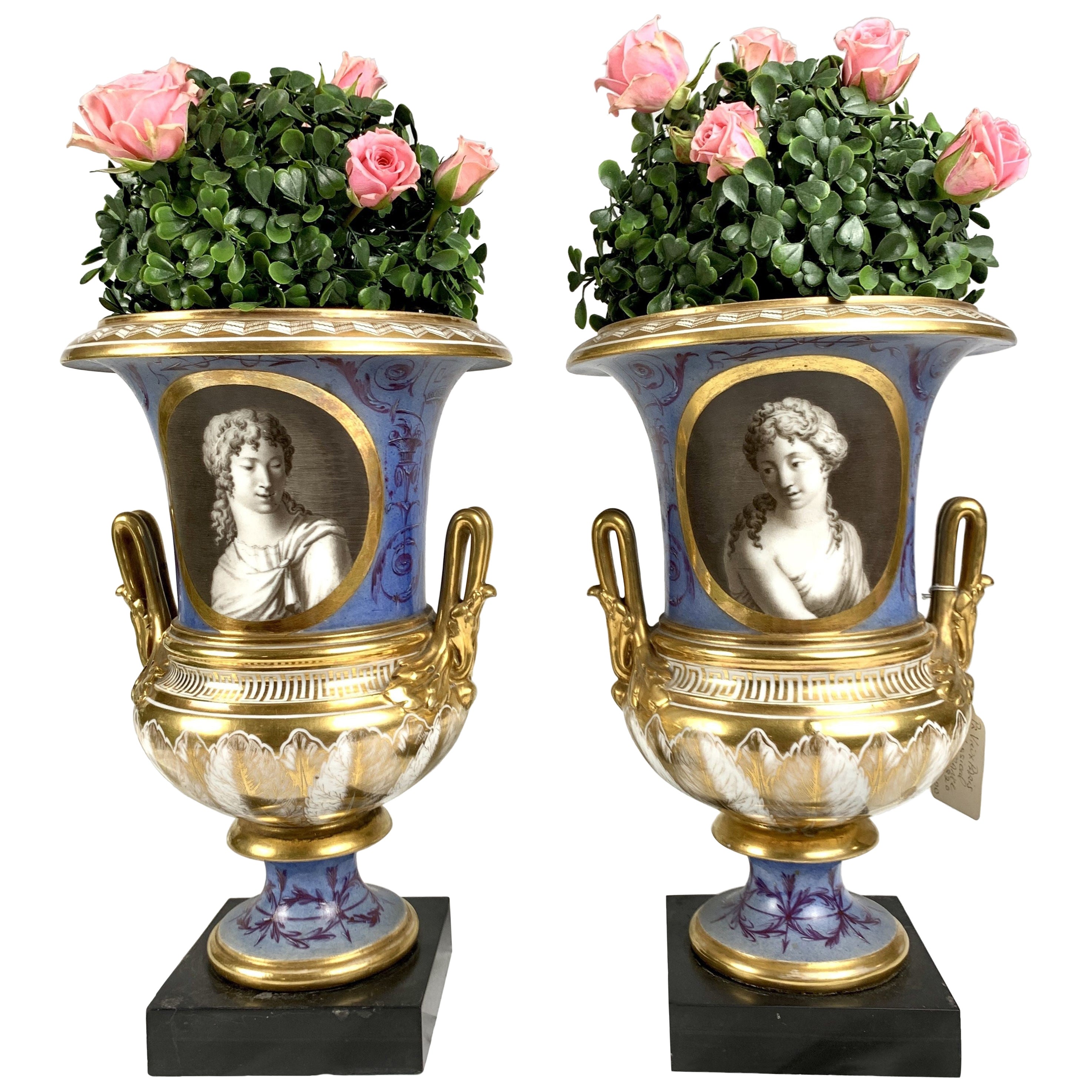 Pair Hand-Painted Vases with Portraits of Roman Figures France Circa 1820