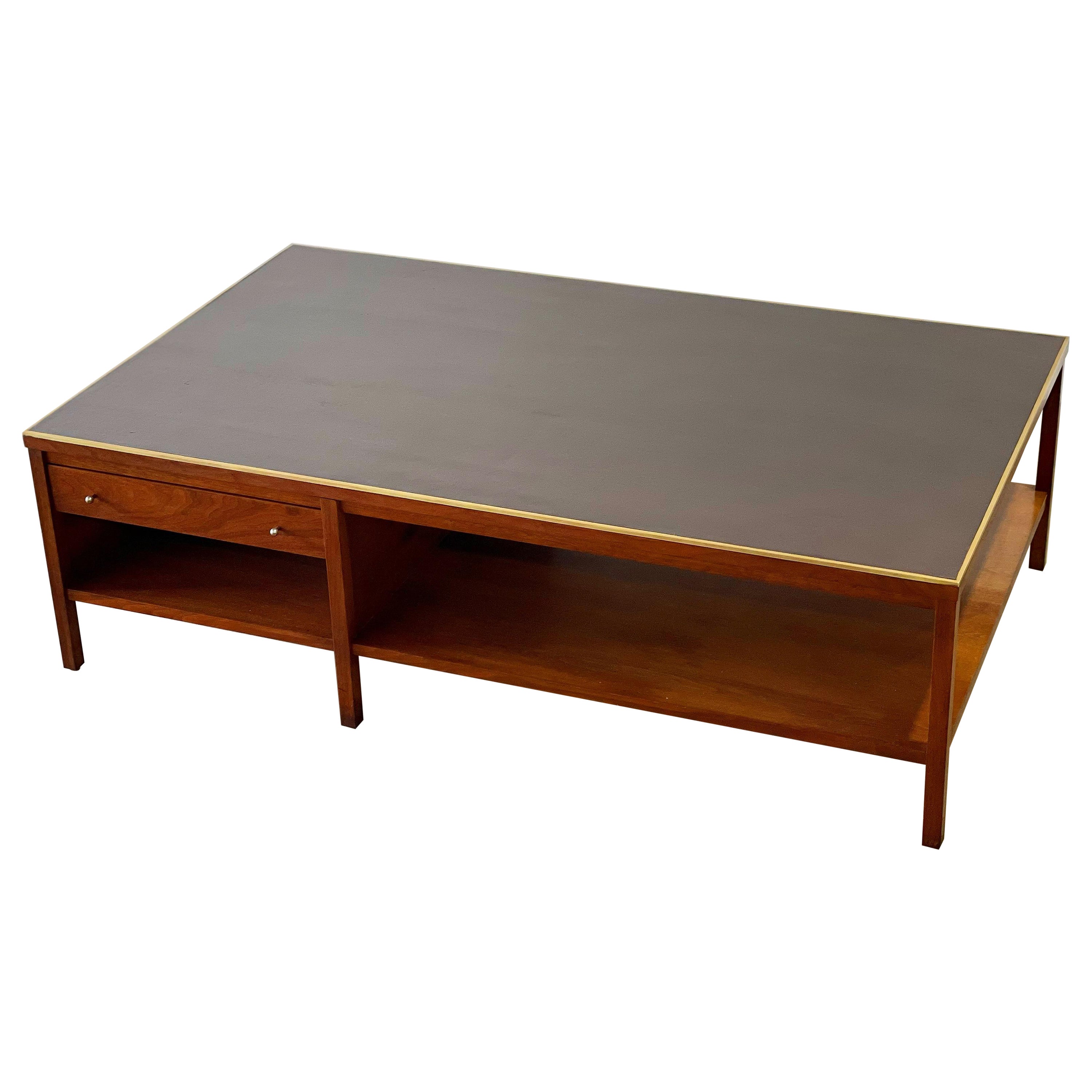 Paul McCobb for Calvin Cocktail Coffee Table in Leather + Walnut + Brass