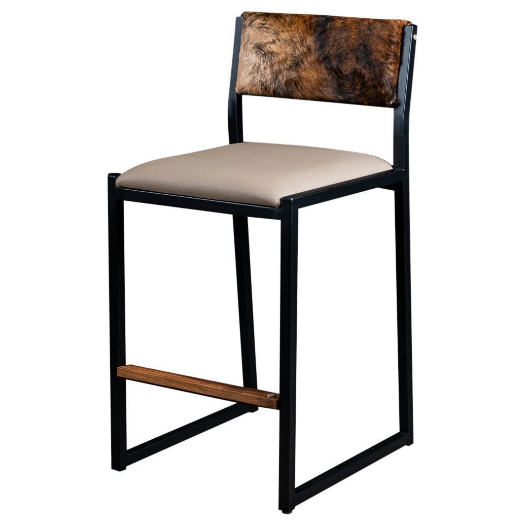 3x Shaker Bar Stool by Ambrozia, Walnut, Sandle Vinyl & Brindle Cowhide