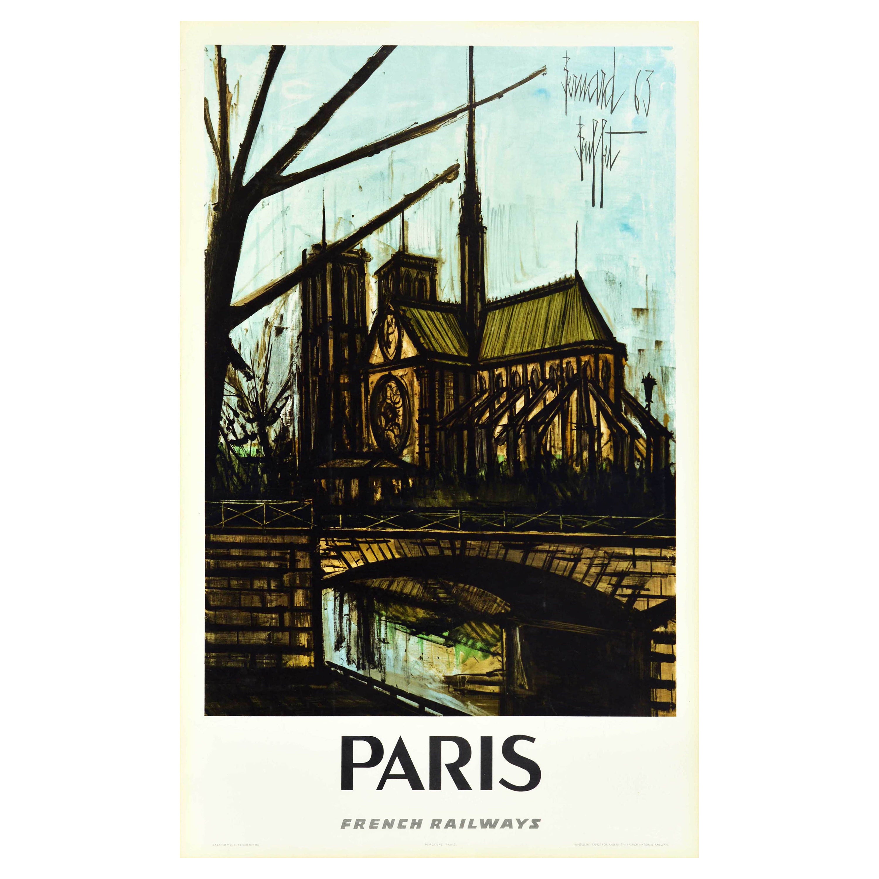Original Vintage Travel Poster Paris French Railways Notre Dame Expressionist For Sale