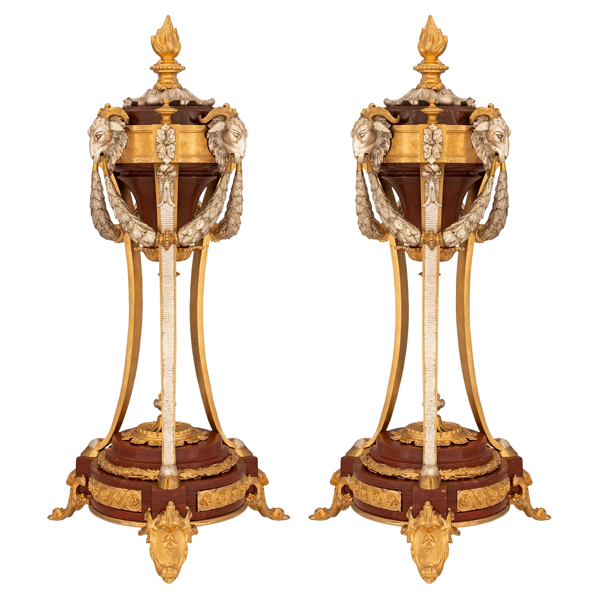 Paire de Cassolettes françaises de style Louis XVI du 19ème siècle en bronze argenté et marbre