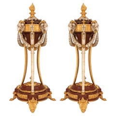 Pair of French 19th Century Louis XVI St. Silvered Bronze and Marble Cassolettes