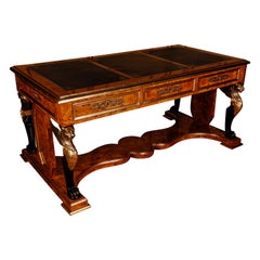 Vintage Royal Writing Desk/ Bureau Plat in Empire Style After J. Desmalter, Maple Root