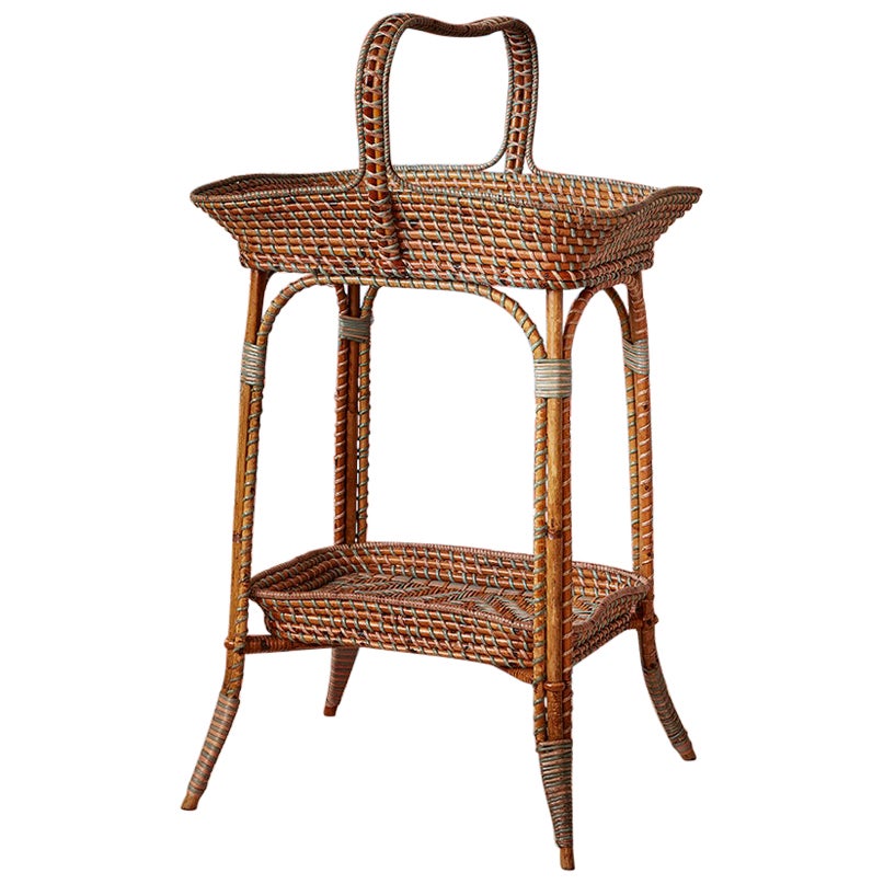 Vintage Rattan Tray Table with Elegant Blue Woven Details, France, 1930's