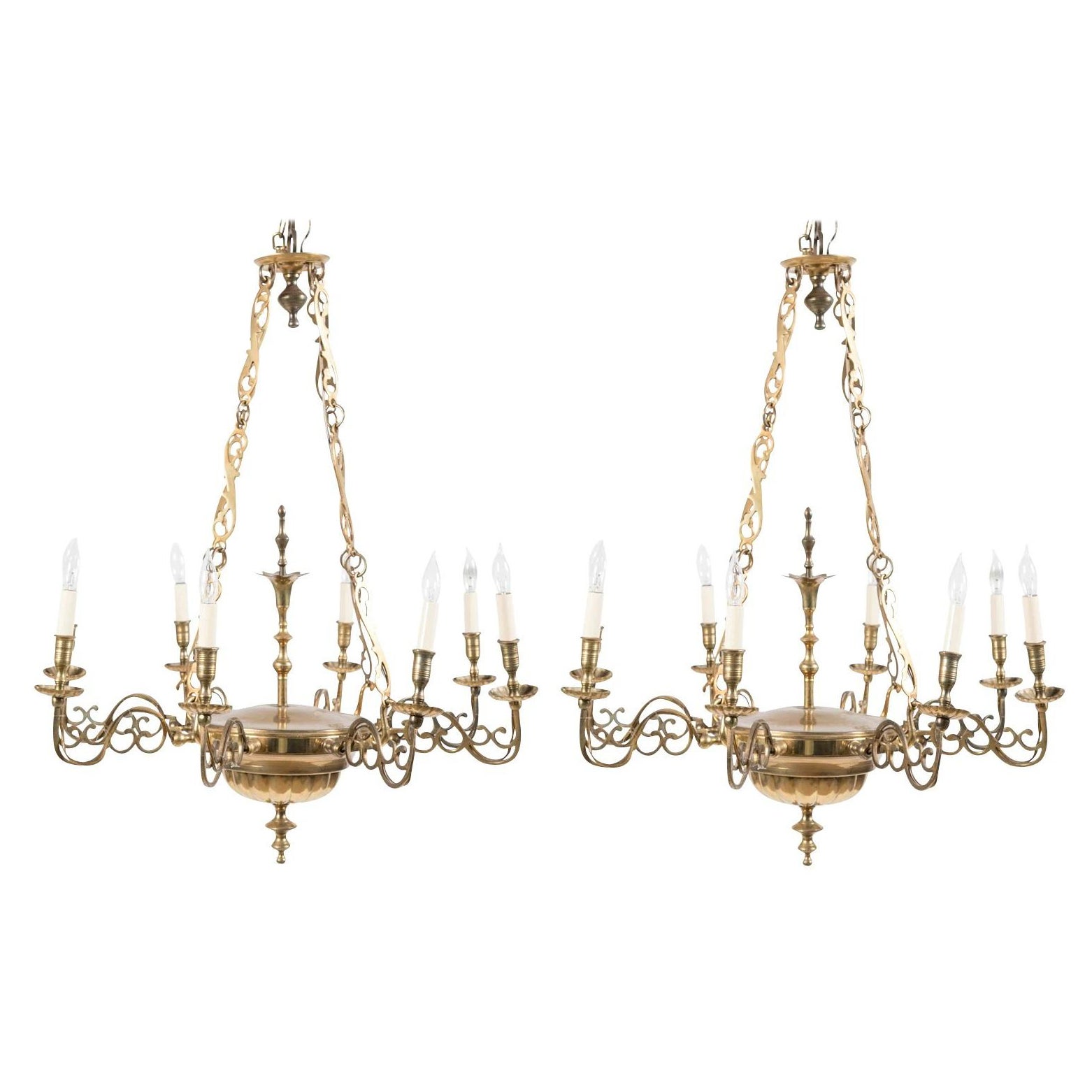 Pair of Queen Anne Style Brass Chandeliers For Sale
