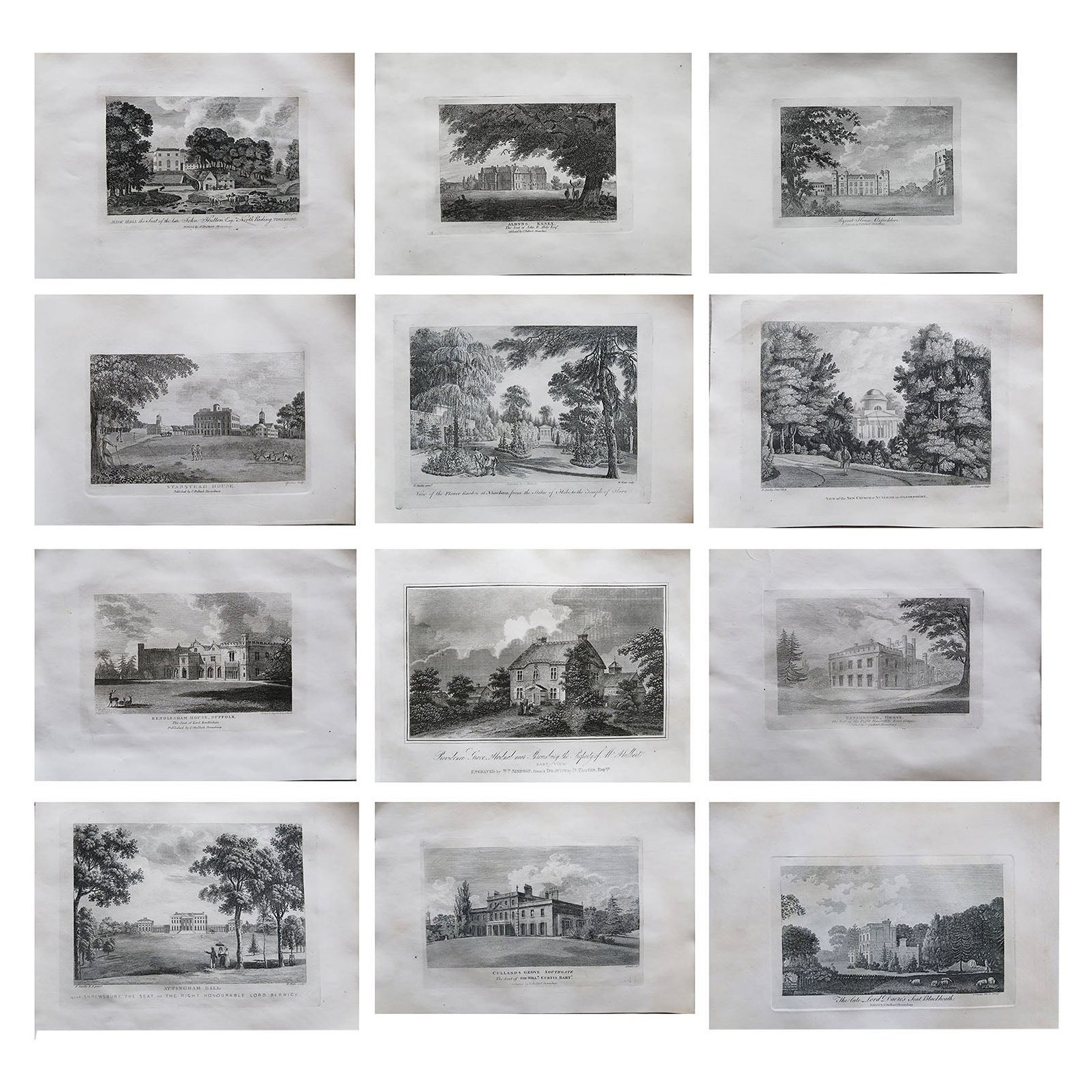 Set of 12 Antique Prints of English Country Houses and Gardens, circa 1800