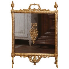 19th Century French Louis XVI Rococo Bronze Dore and Mesh Fireplace Screen 